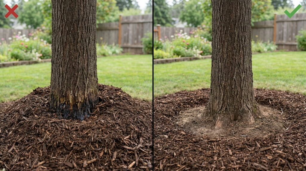 volcano mulching vs correct mulching tree base
